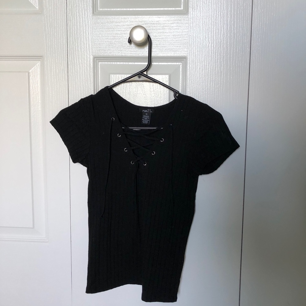 Rue 21 Black Ribbed Laced Up Top